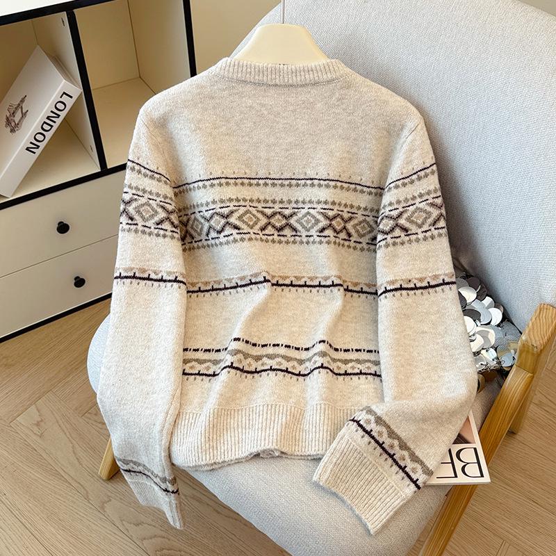 Women's 2026 Autumn/Winter Retro Jacquard Color Block Knitwear Cardigan