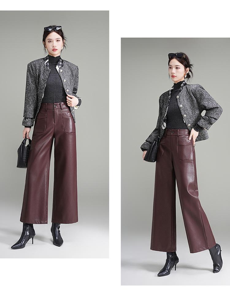 2025 Autumn/Winter Women's Black Sheepskin Leather Wide-Leg Pants
