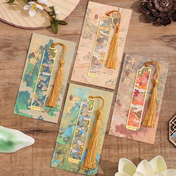 Traditional Chinese Brass Bookmark with Tassel Elegant Laser Cut Metal Page Marker Ancient Style Landscape Reading Accessories