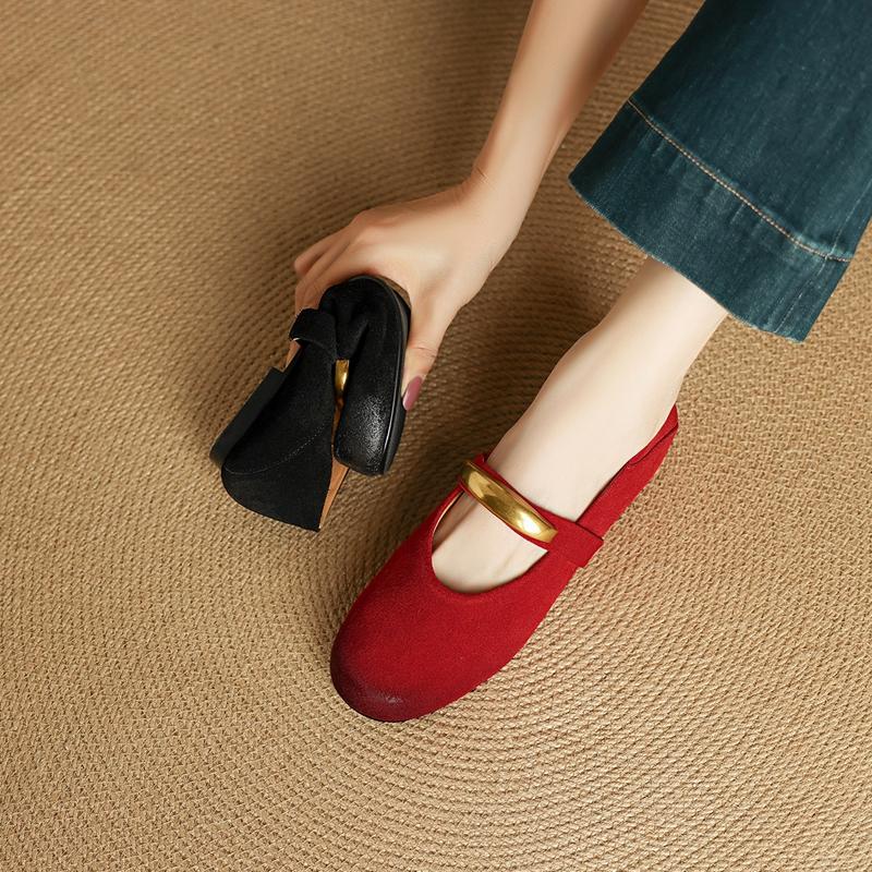 Fashion Women's new leather cow suede metal accessory belt buckle round toe low heel Mary Jane shoes fashionable casual single shoes