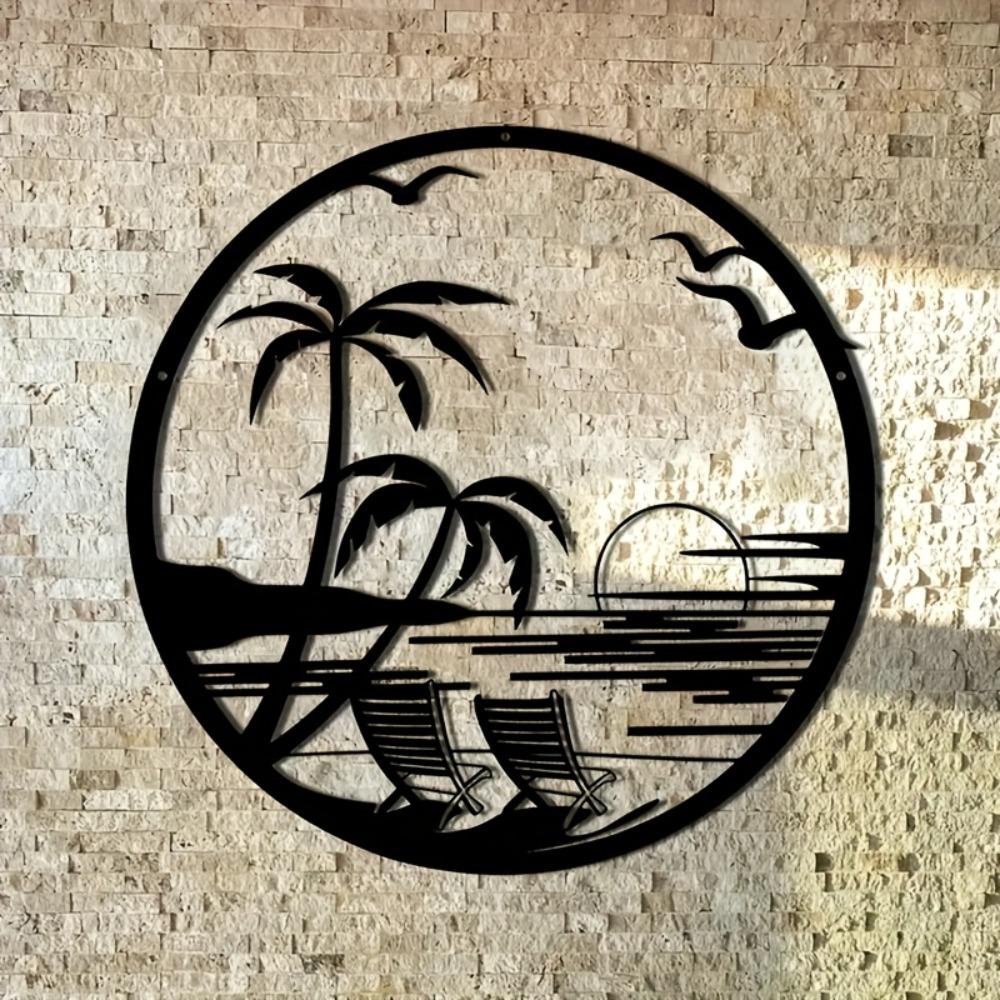 Metal Wall Art Beach Sunset Palm Tree Chair Silhouette Patio Balcony Decor