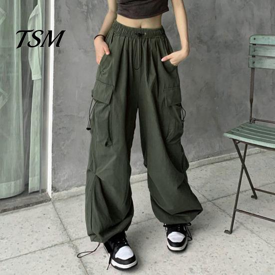 Trousers Women Cargo Pants Hip Hop Baggy Solid Color Multi Pockets Elastic Waist Match Top Loose Breathable Lady Clothes