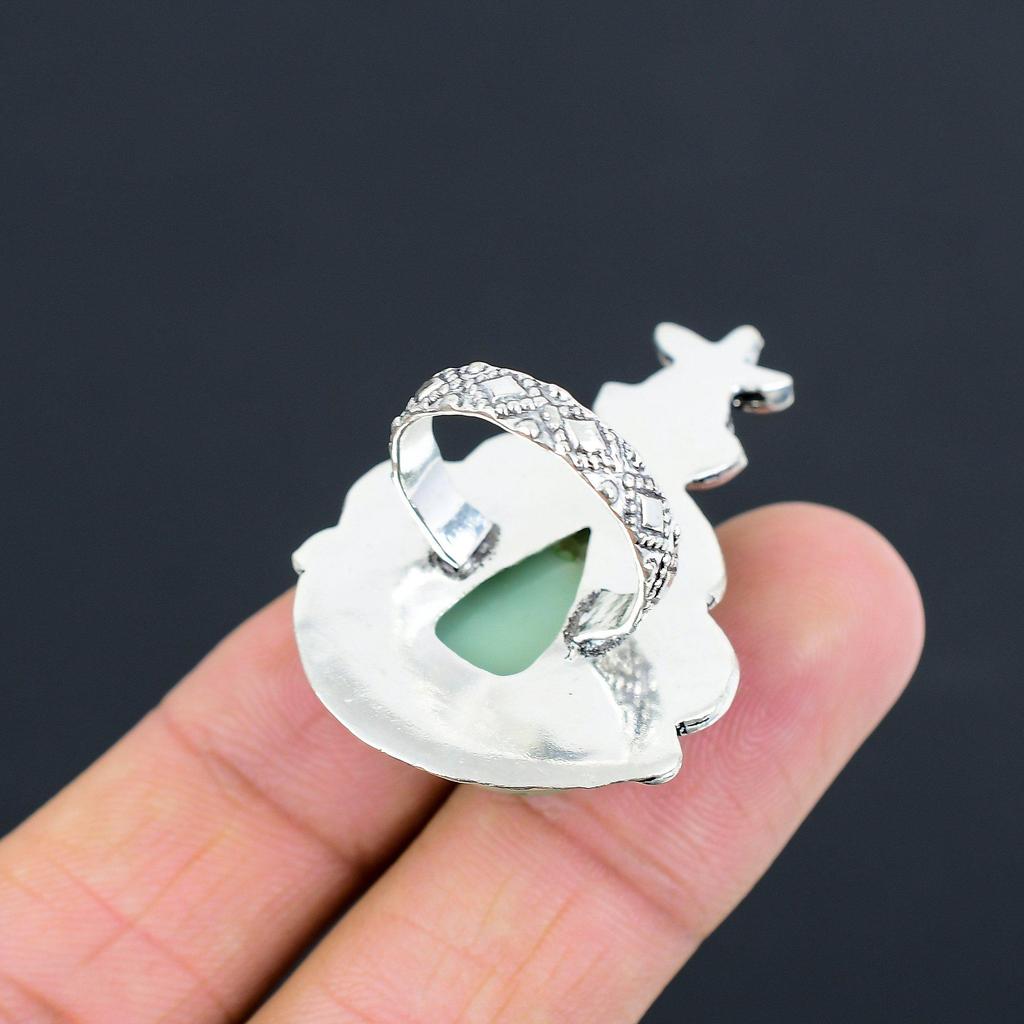 Natural Chrysoprase Gemstone 925 Silver Promise Flower Ring Size 7 For Girls
