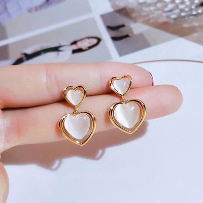 Sweet Double Layer Heart Cat Eye Stone Drop Earrings Gold Tone Hollow Frame Two Tier Love Dangle Earrings for Women Jewelry Gift