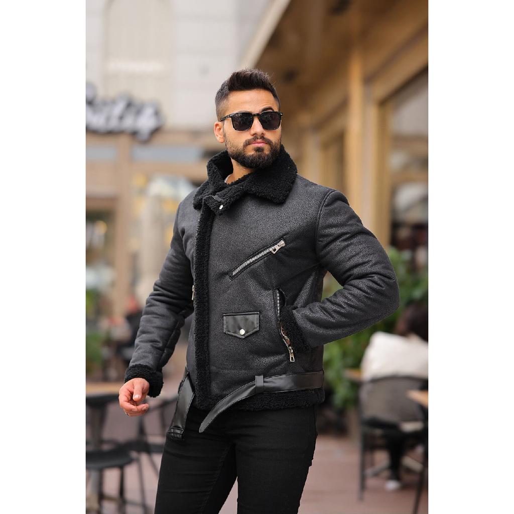 Laminated Leather Double-breasted Coat With Complete Fur Inside