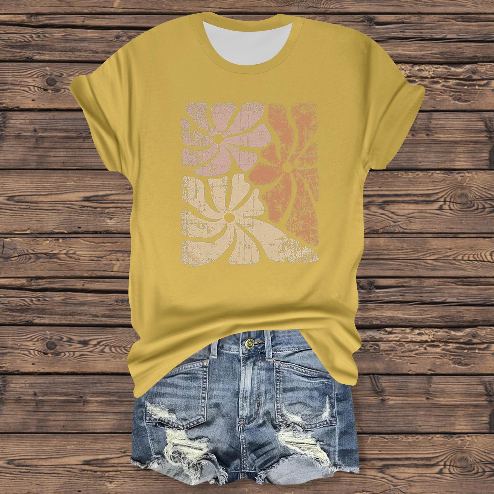 

Жіноча повсякденна футболка з принтом і круглим вирізом, пуловер з короткими рукавами XL жовтий