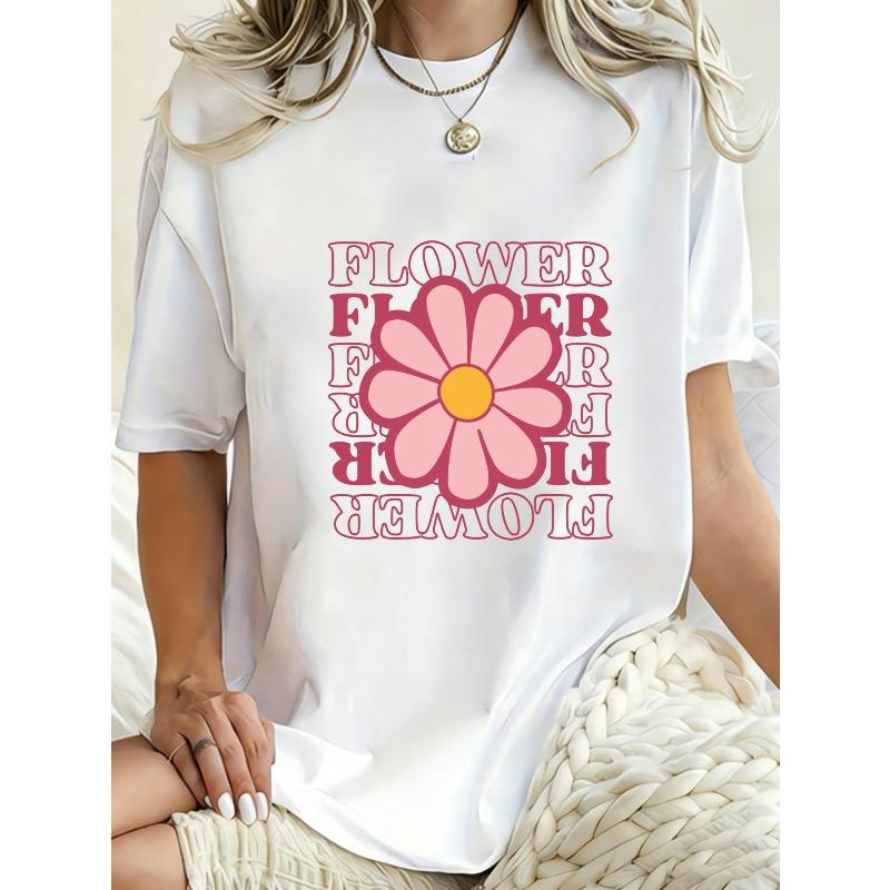 Oversized T Shirt Black Flower Print With Pink Daisy And Text Flower For Casual Wear