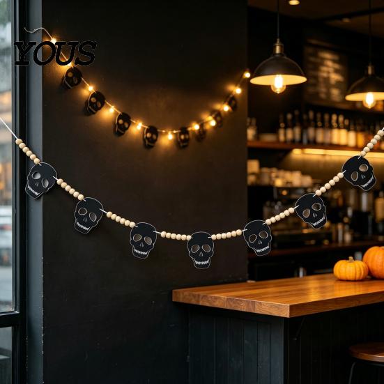 Ghost Halloween Garland 2 Pcs 7.5FT Garland, Felt Pumpkin Bat Skull with Banner Decoration Wood Beads, Party Hanging for Fireplace Doorway Indoor