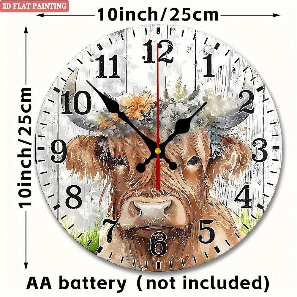 Scottish Highland Cow Wall Clock. Floral Wooden Design for Living Room or Kitchen. A Rustic Gift.