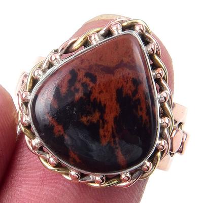 Pierre Précieuse Obsidienne Acajou Naturelle Argent Sterling 925 Bicolore Bague Taille 7 m3e51