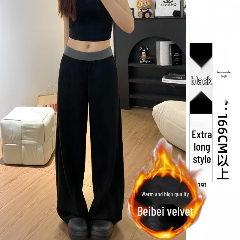 Women's Plus Size Fleece-Lined Black Patchwork Casual Wide-Leg Sweatpants for Autumn/Winter