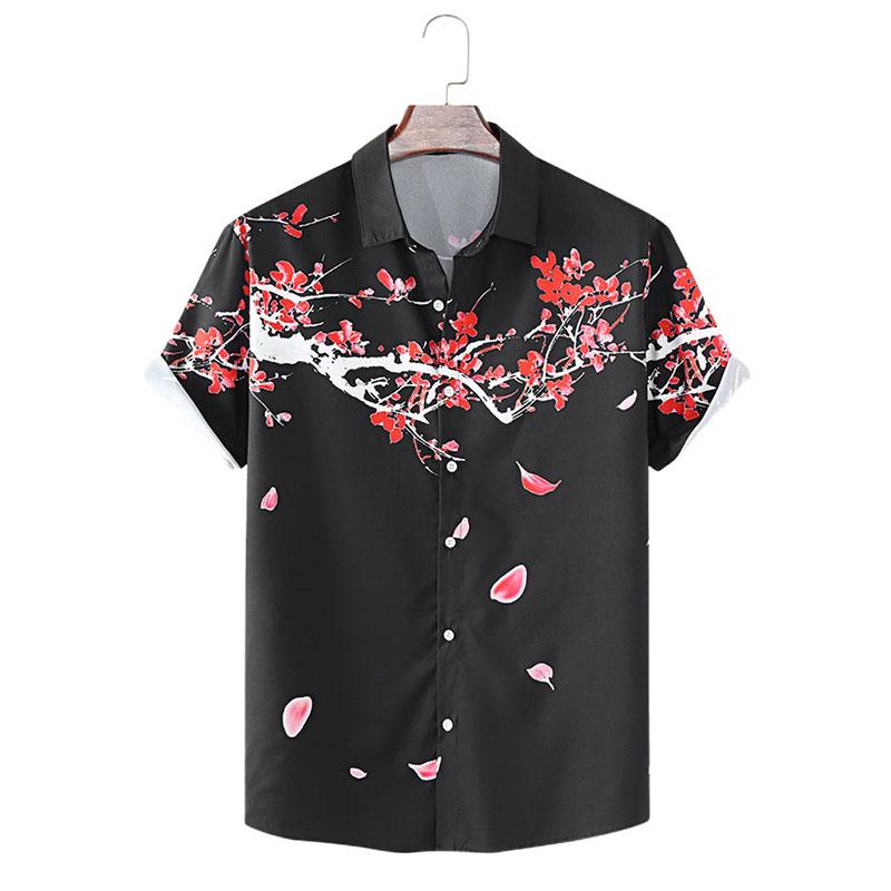 Módní pánská košile s potiskem švestkového květu s klopou Ležérní letní trička s krátkým rukávem