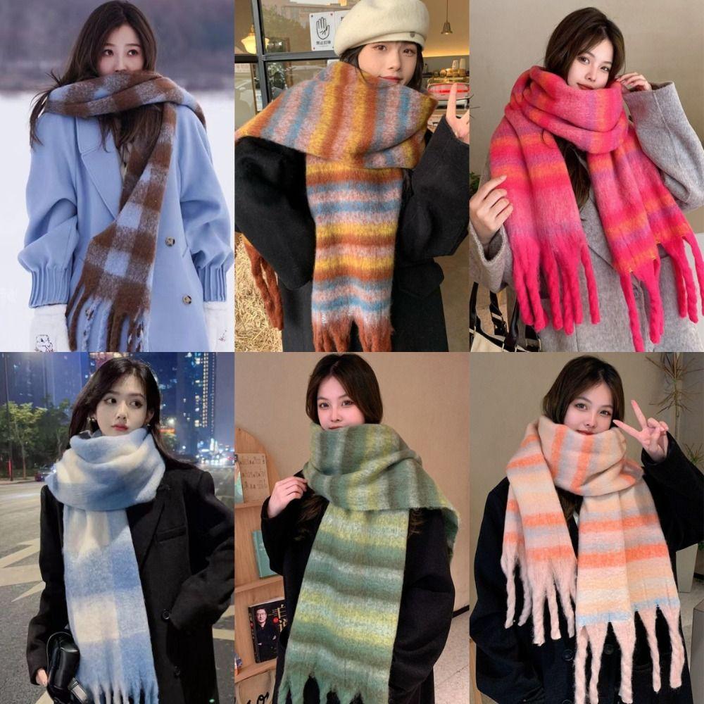 Warm Winter Cashmere Scarf Stripe Pattern Thickened Shawl Wrap New Long Tassel Scarves  Women