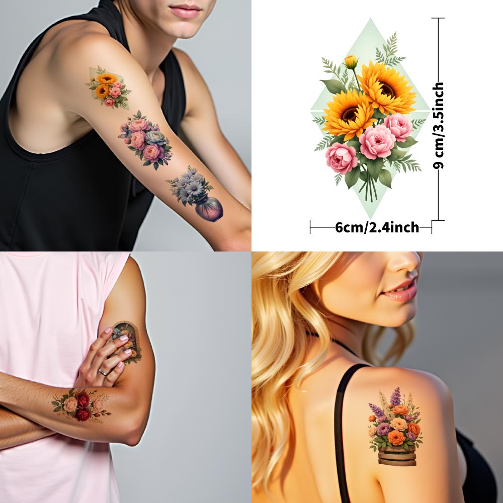 9pcs Temporary Tattoo Flower Bouquets Illustration Floral Arrangements Waterproof Long-lasting Body Stickers For Children