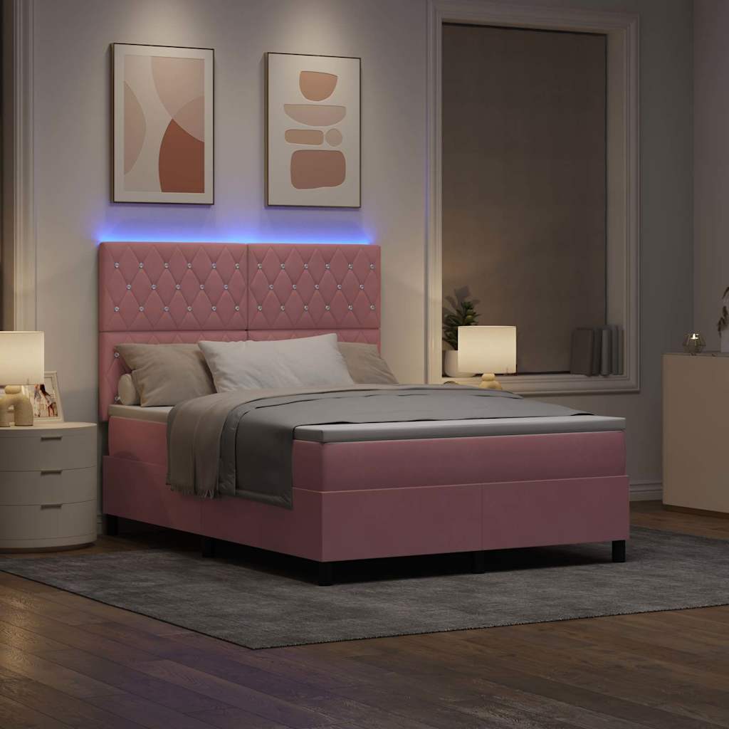 LED Boxspring Bed with Mattress Pink 140 X 200 Cm Velvet