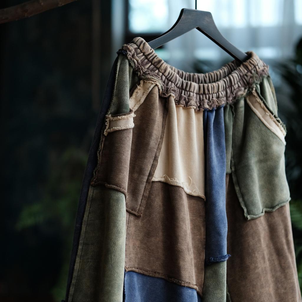 Johnature Women Vintage Knitted Wide Leg Pants Spring Chinese Style Patchwork Color Loose Casual Soft Pants