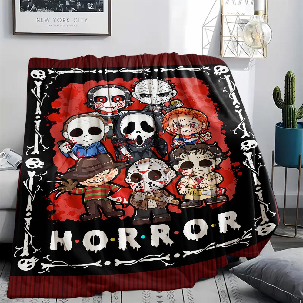 1PC Chibi Chucky Freddy Krueger Print Flannel Blanket, High quality All Seasons, Home Decor, Warmth and Comfort, Perfect for Christmas Gifts