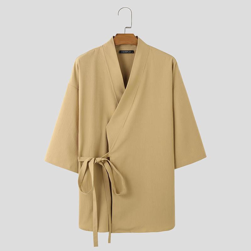 

INCERUN Мужские топы с рукавами 3/4, свободные повседневные рубашки-кимоно со шнуровкой спереди S хаки