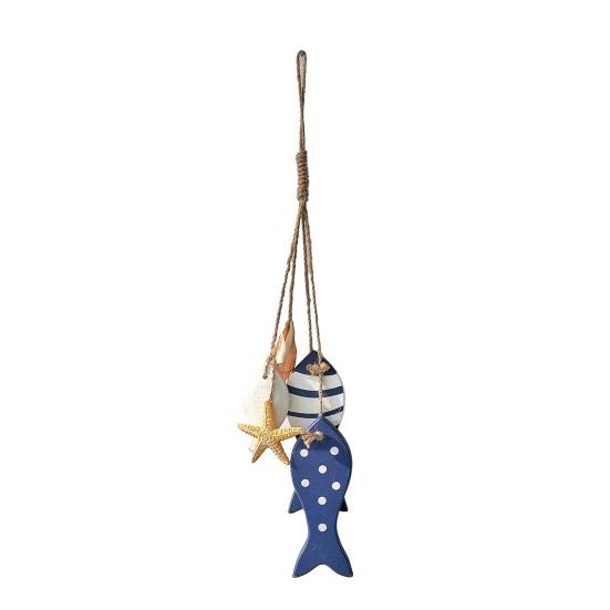Wooden Fish Coastal Wall Ornament Nautical Theme Sea Fish Wall Art with Hemp Rope Vintage Lake House Hanging Sculpture for Home Living Room