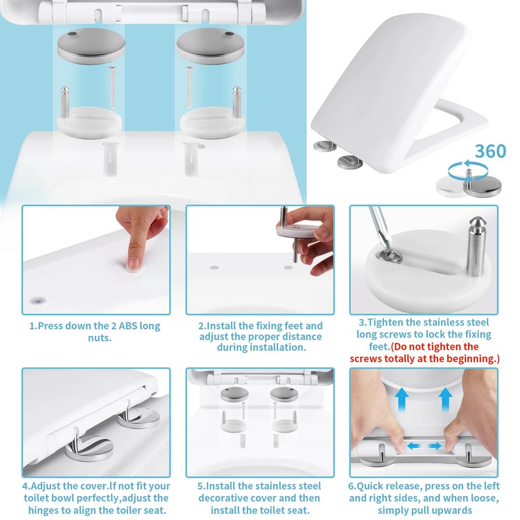 Slow-Close Square Toilet Seat Lid Cover Set Quick Release Thicken Replacement Universal Easy Installation for Home