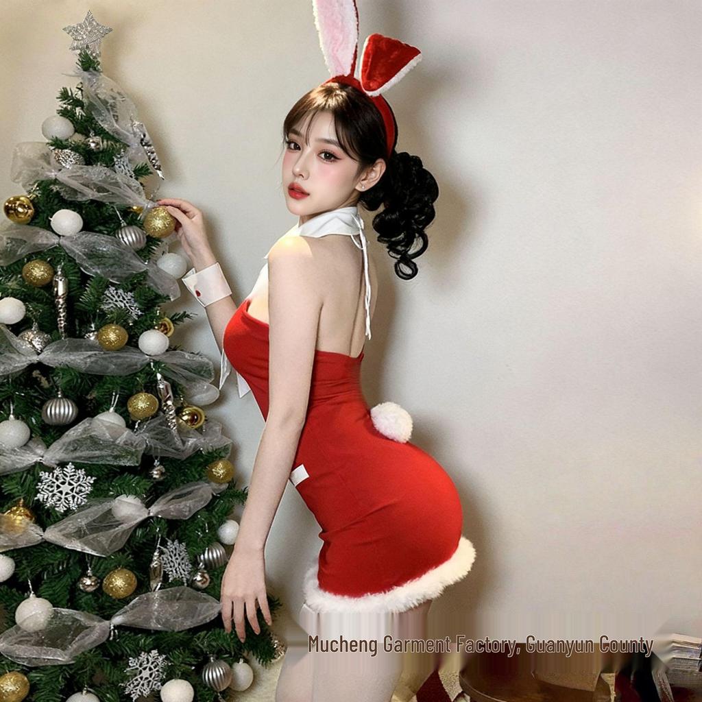 Mu Cheng Women's Christmas Lingerie: Sexy Nightgown and Hip Wrap Skirt Set for Role Play.