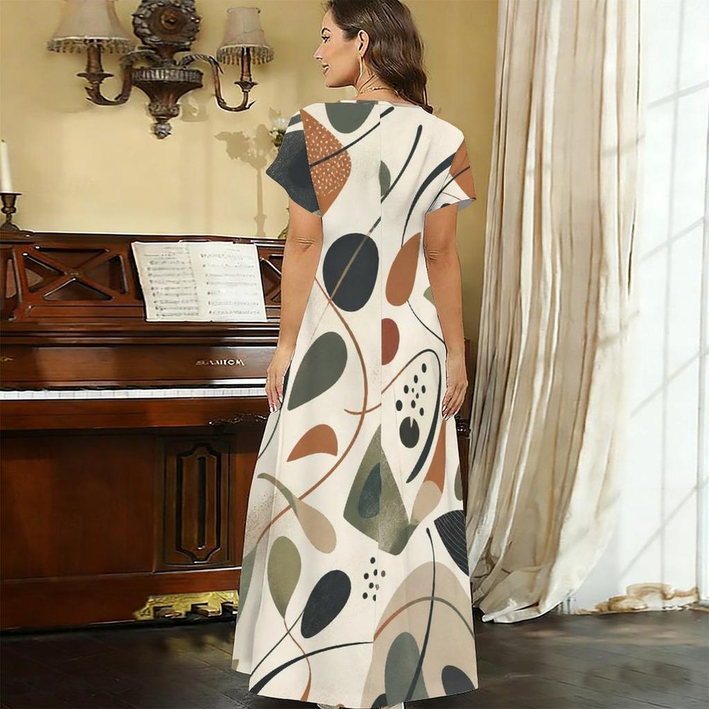 Women Plus Size V Neck Short Sleeve Geometric Printed Straight Long Dress