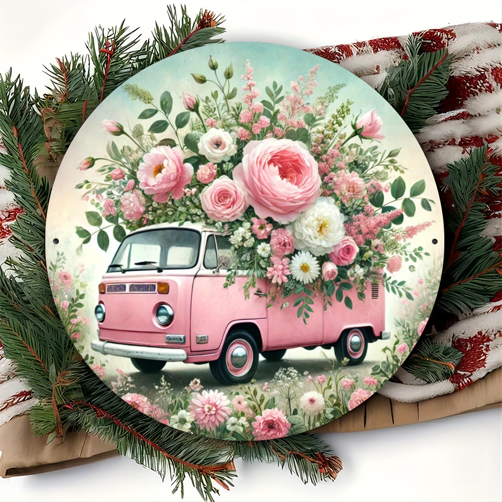 

1 шт. 2d плоский винтажный цветочный дизайн грузовика алюминиевый круглый знак - 20 см прочный деревянный настенный арт, приветственный День святого Валентина для дома и кафе праздничный аксессуар 20cm*20cm