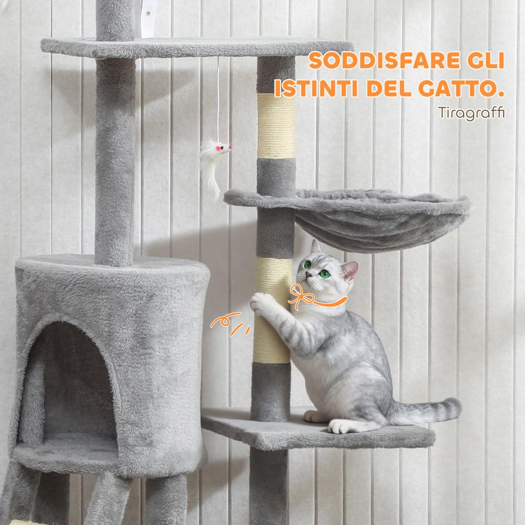 Cat Tower with House, Perch, Platforms and 4 Mice, Made of Wood, Plush and Sisal, 60x35x134 cm, Grey