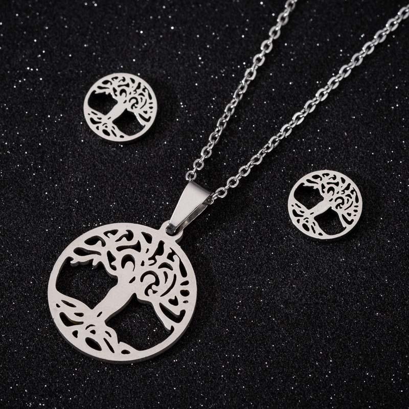 Thanksgiving Pendant Necklace & Earrings Set: Mother Holding Child, Stainless Steel Tree of Life Jewelry for Spring & Summer