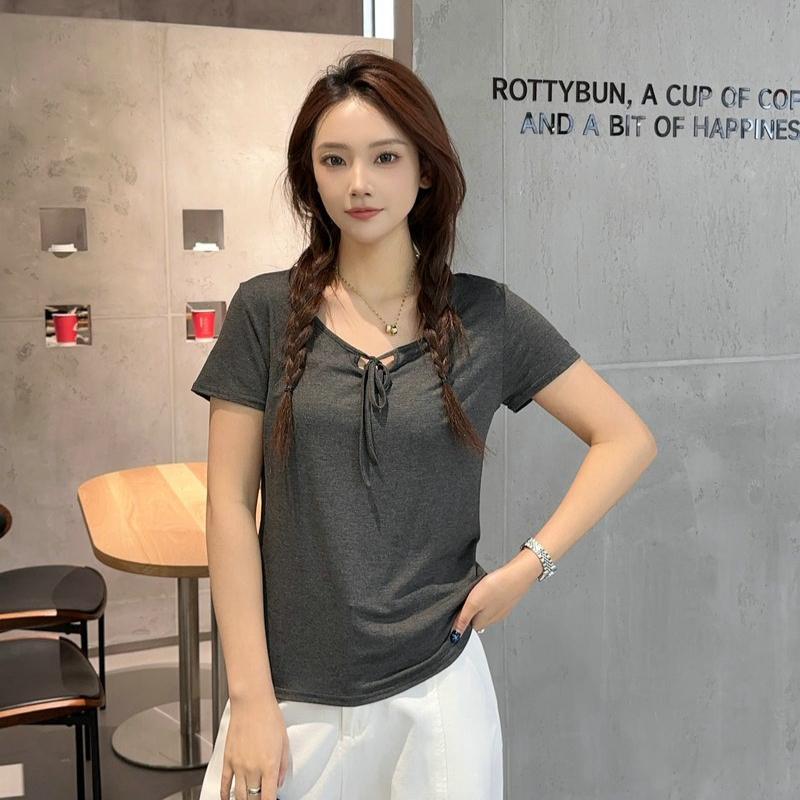 Korean Style Drawstring Modal Short Sleeve Tshirt Cute Slim Fit O Neck T-Shirt Lightweight & Soft Casual Tee Tops for Women Trendy Summer Basic Shirt