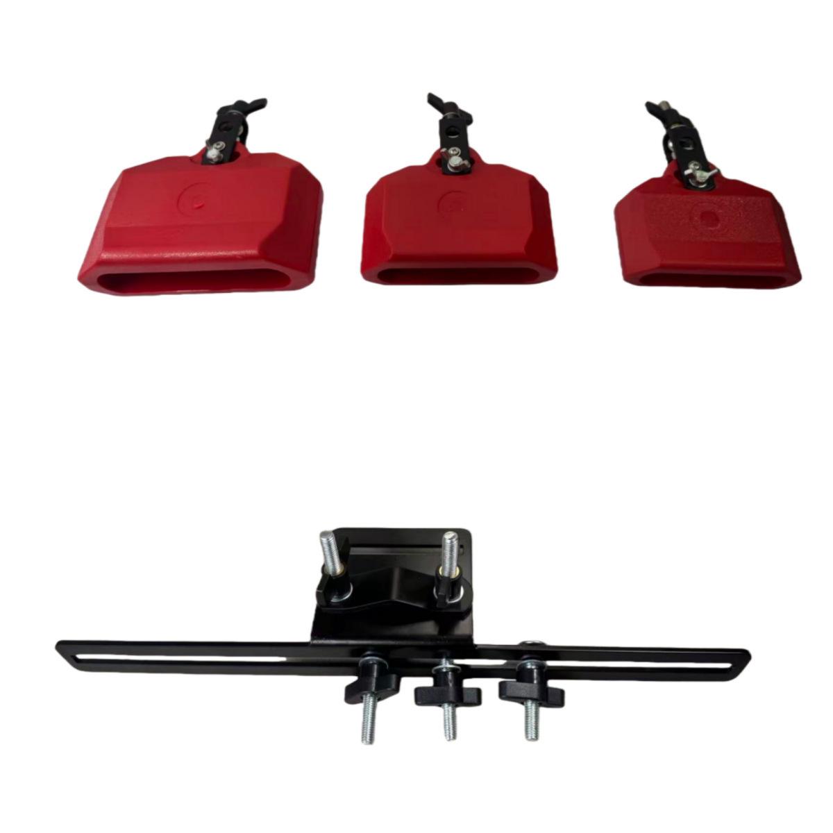 

Drum Kit Percussion Stand with 3 Cowbells: 4 , 5 , 6 Rotating Cowbells 4 5 6 Set with Black Clamp червоний