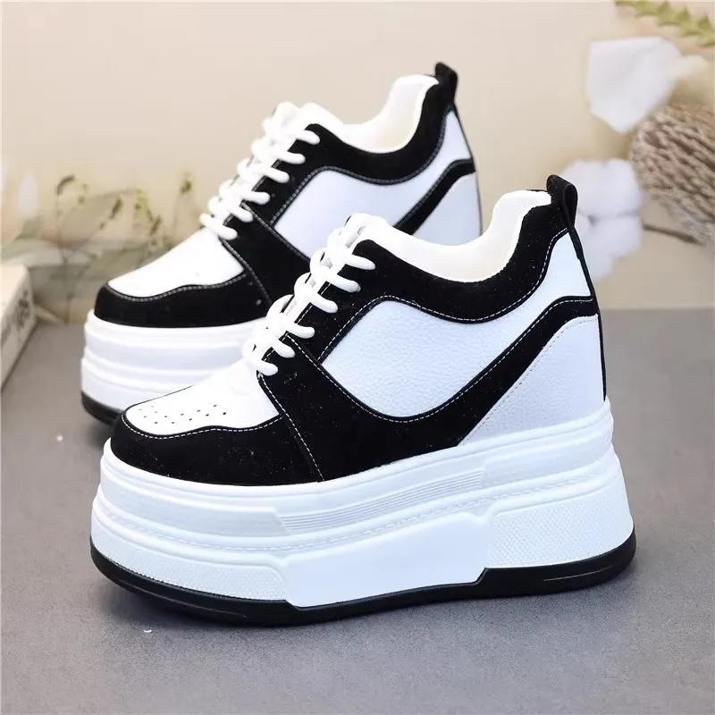 Fashion 12CM Cow Genuine Leather Platform Wedge Shoes Autumn Pumps Women Ankle Booties Spring Chunky Sneakers High Top Sneakers Summer