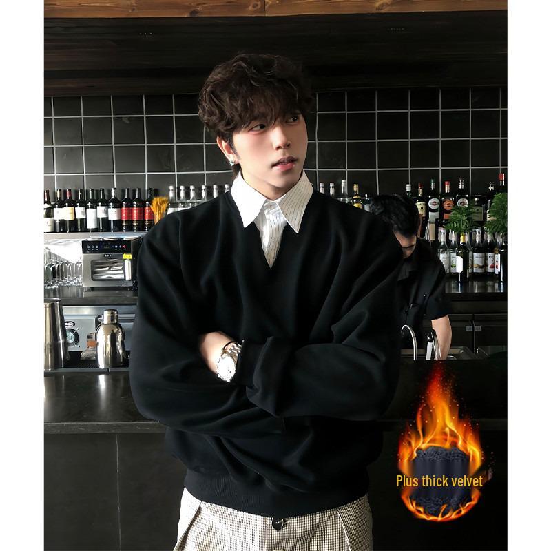 Men's Black Two-Piece Style Polo Hoodie with Velvet Collar - College Style, Long Sleeve, Autumn/Winter