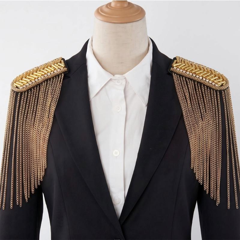 2Pcs Hand-Sewn Shoulder Epaulettes for Formalwear, Pair with Metal Tassels and Angled Tube Rows for Weddings and Ceremonies
