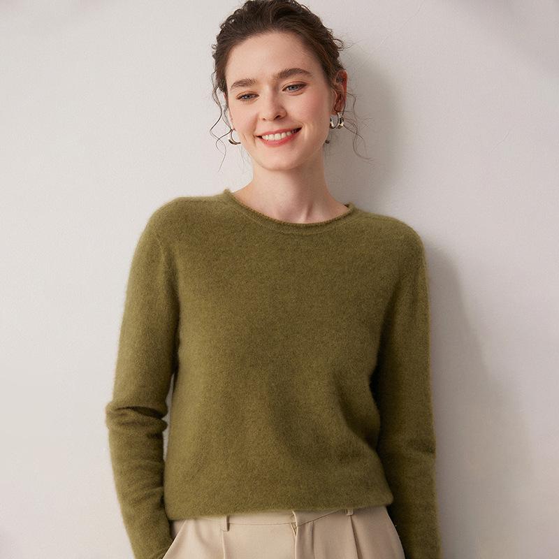 2026 Le Ka Sha Women's Pure Cashmere Round Neck Knit Sweater, 12-Gauge, Rolled Hem