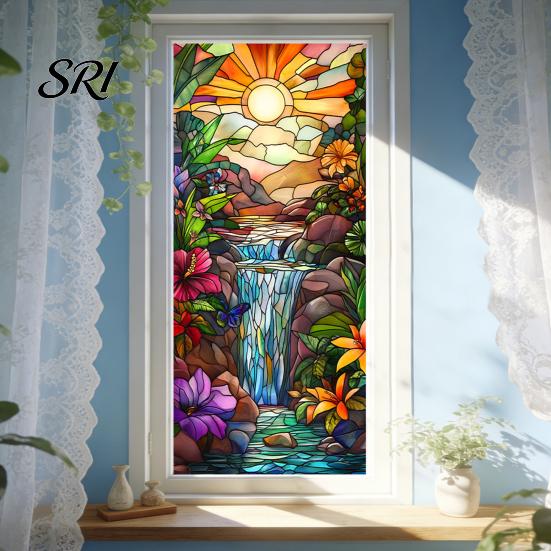 Indoor Outdoor Window Cling Privacy Film Stained Glass Flamingo Tropical Static Clings Heat Control Door Temporary Sticker Covering with Palm