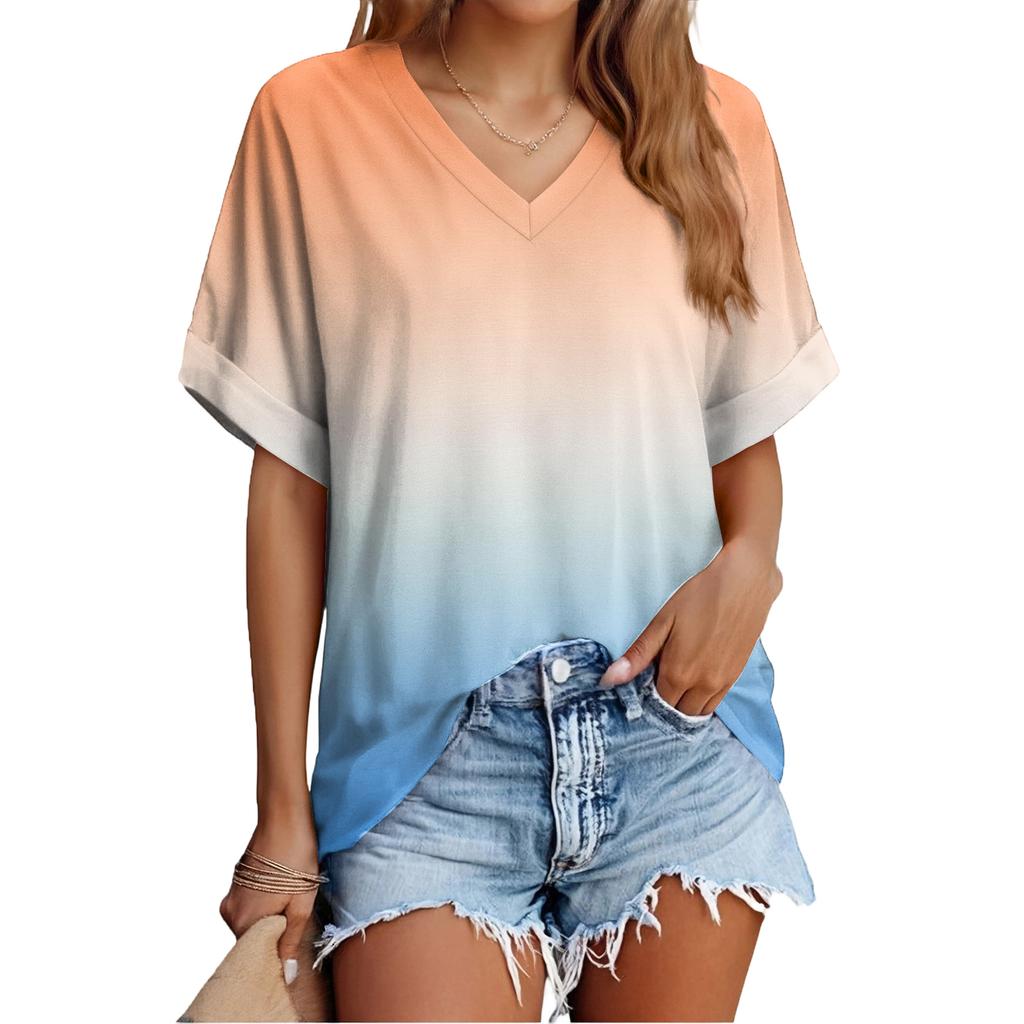 Women's Fashion Casual Everyday Versatile Gradient Print Slim-Fit Summer Short-Sleeve Top