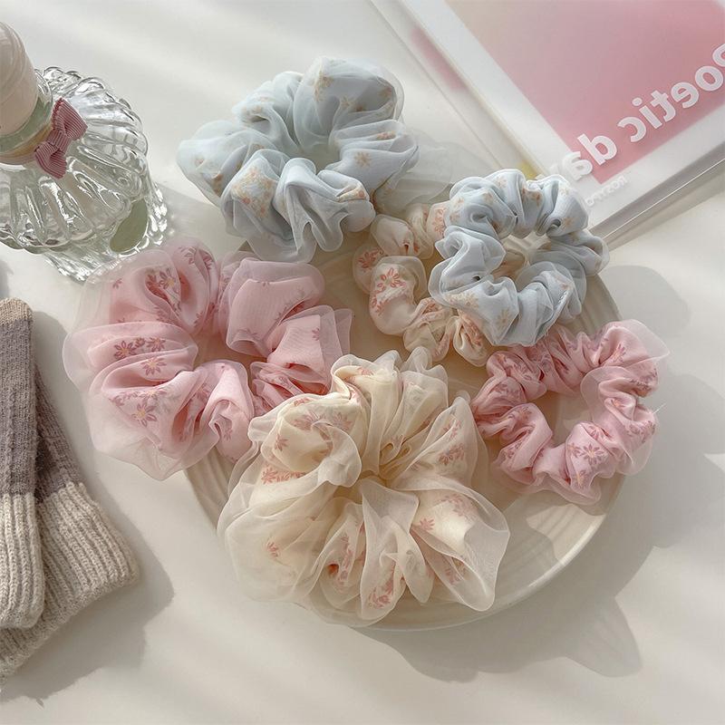 Double Layer Silk Organza Scrunchies Sweet Flower Hair Band For Girls Ponytail