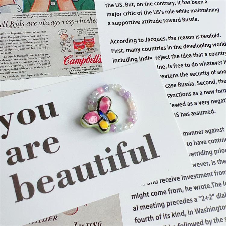 Korean Colorful Beaded Butterfly & Flower Ring for Girls