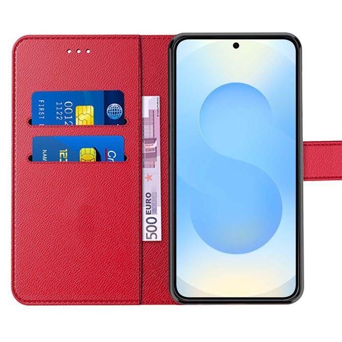 Coque de protection - BOOLING - Samsung Galaxy S25 - Effet Cuir - Rouge - 2 Verres Trempés