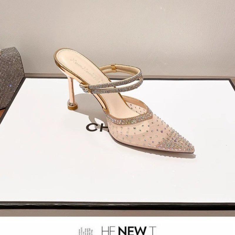 

Баотоу крутые тапочки женские летние новые тонкие каблуки острый носок высокие каблуки стразы сетка сексуальные тапочки на два с половиной 40 шампанского