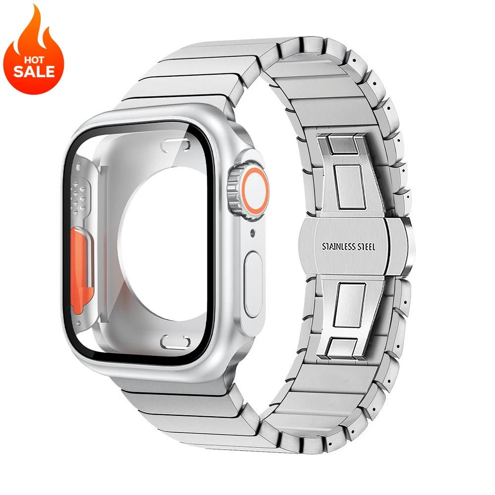 Strap+Case for Apple Watch Band 46mm 42mm 45 41 40 44mm Stainless Steel Bracelet  PC Cover for Iwatch Series11 10 9 8 7 6 SE 5 4