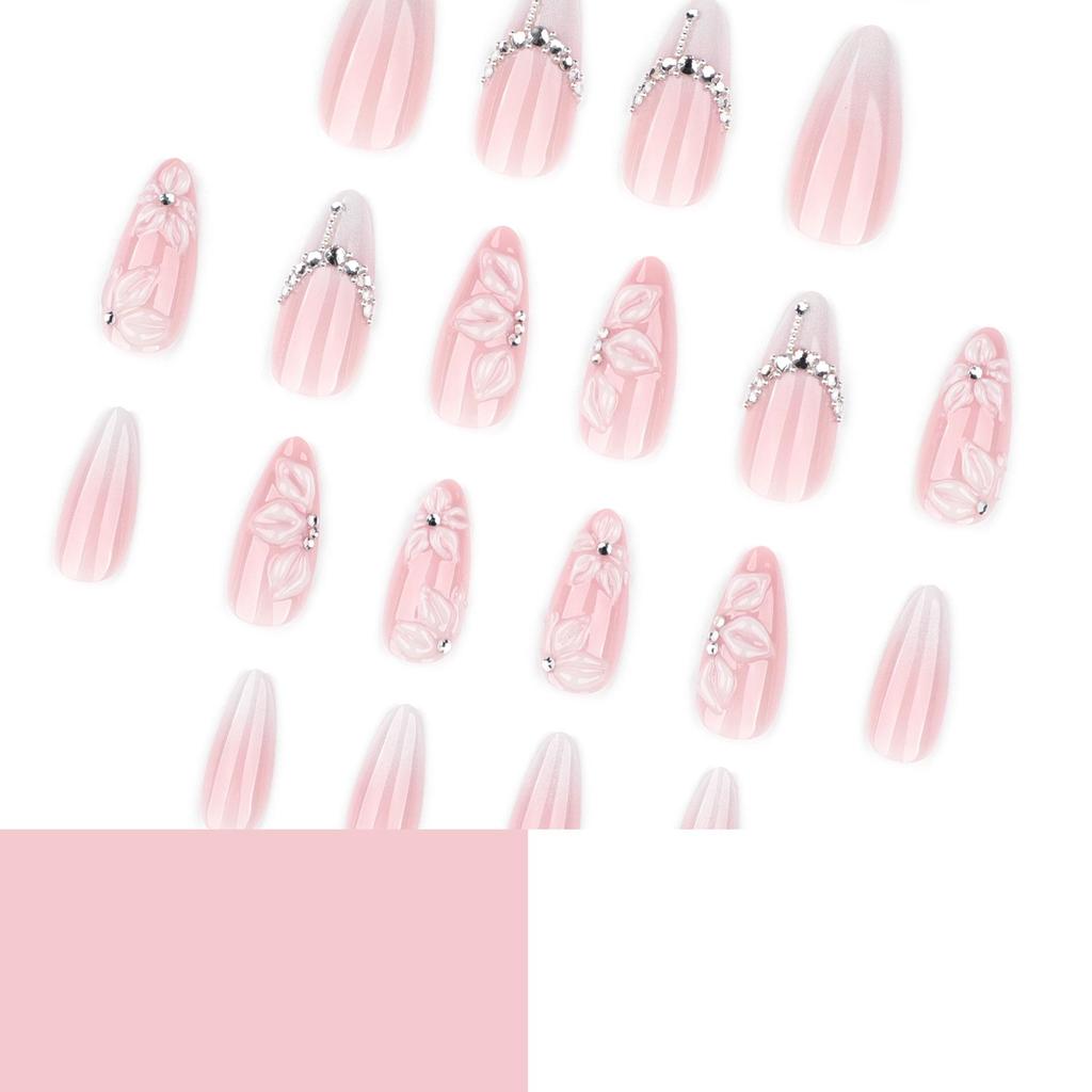 3D Rhinestone Floral Almond Nails - French White Gradient Fake Nails