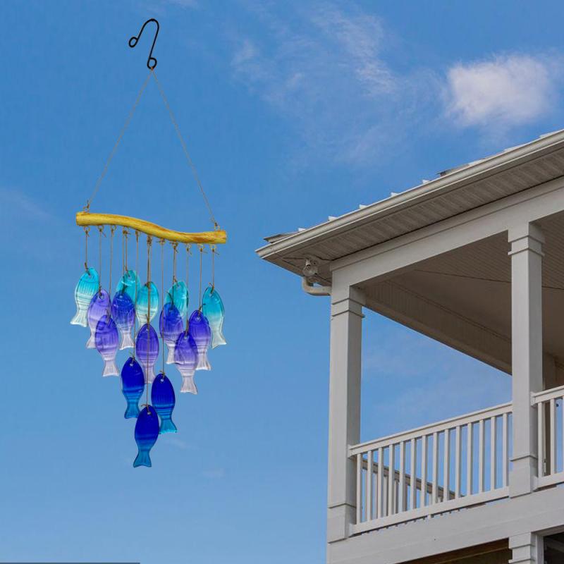 Iron Wind Chimes With Colored Glass For Garden Fish Leaf Design Outdoor Decor Hanging Ornament