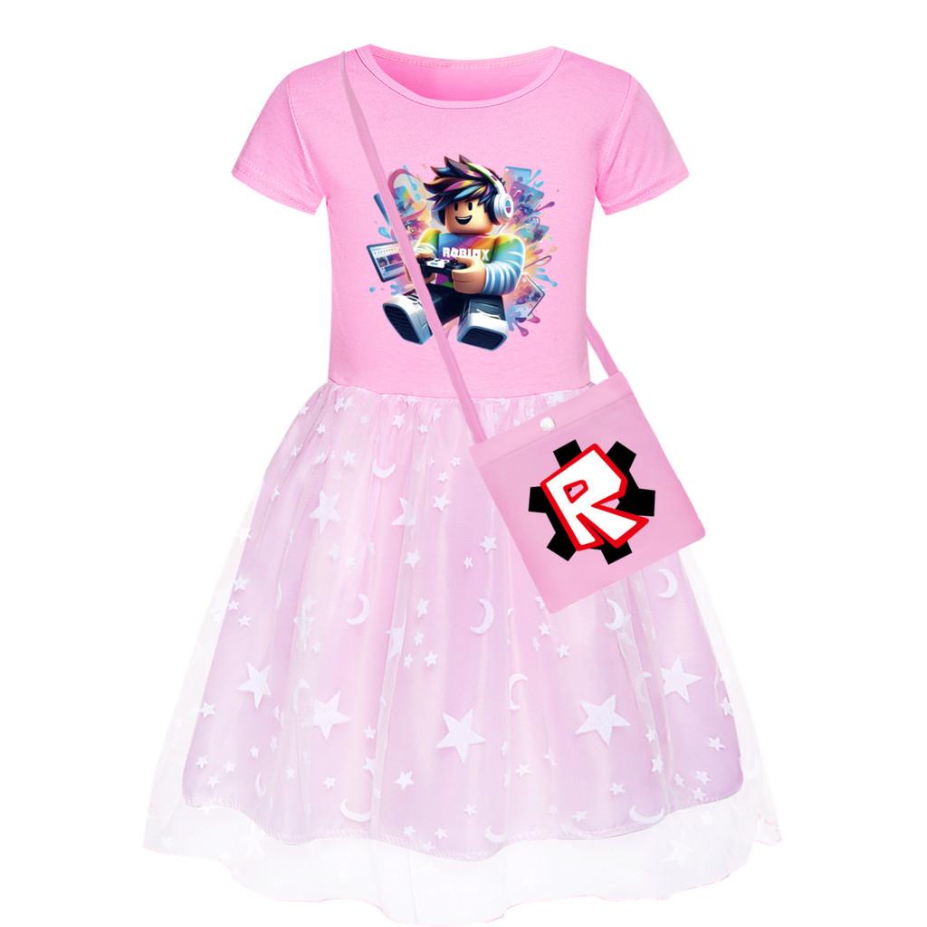 5529 Kids Girls Roblox Print Mesh Rainbow Round Neck Dress
