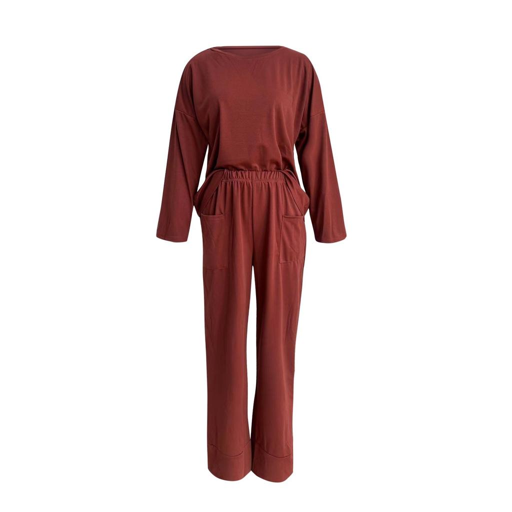 Einfarbiges, lässiges, bequemes und lockeres zweiteiliges Rundhals-Neun-Punkt-Hosenset für Damen