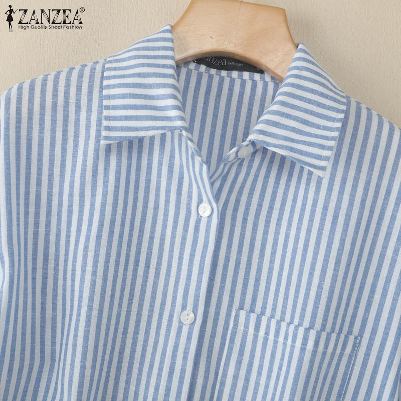 ZANZEA Women Turn Down Collar Summer Short Sleeve Stripe Blouse
