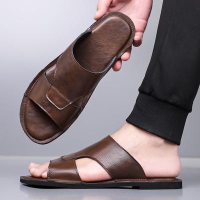 Men Black Leather Slippers Handmade Simple Flats Summer Brown Roman Sandals Open Toe Beach Shoes Plus Size