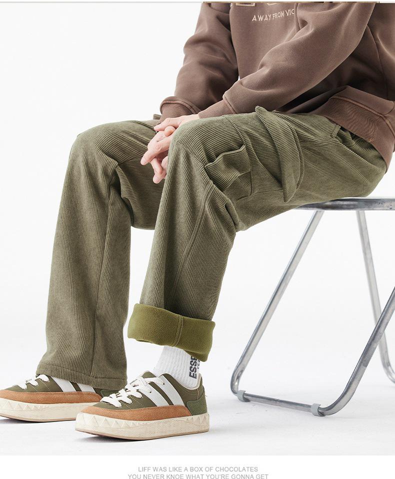 Men's Winter Corduroy Work Pants: Fleece-Lined, Thick, Loose, Wide-Leg, Straight Casual.