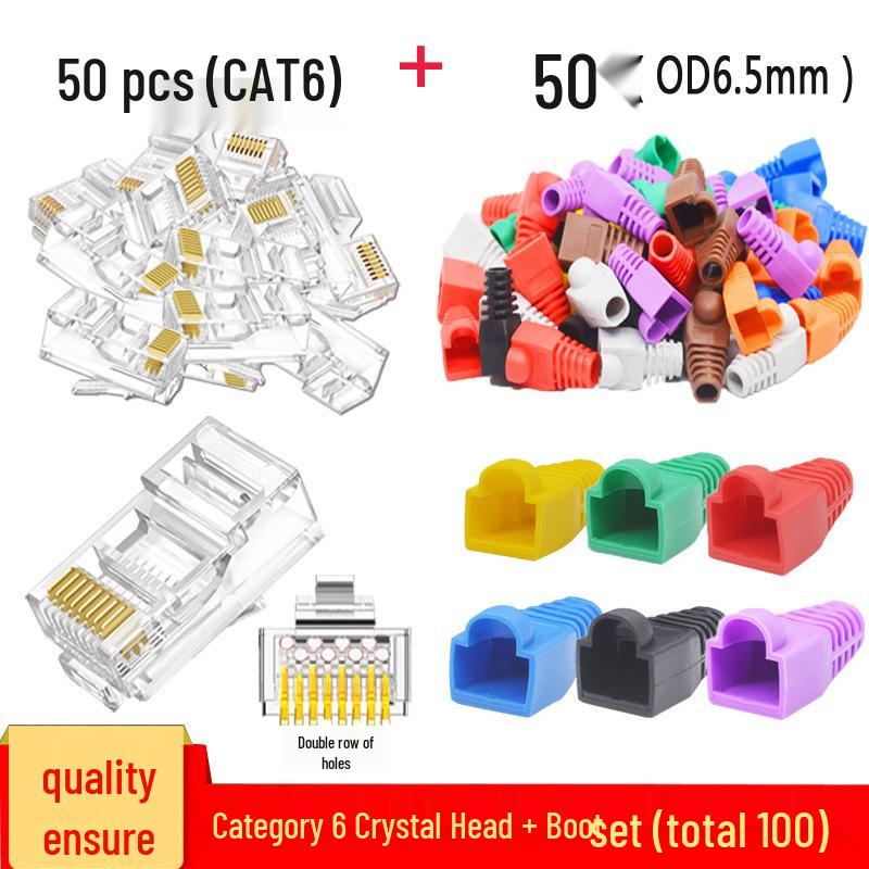 RJ45 Boot 50-Piece Set: Gold-Plated CAT6 Crystal Head & Network Cable Rubber Boots - 100 Pieces Total